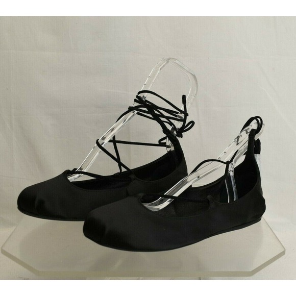 NIB PRADA 1F657H BLACK CANVAS SATIN ANKLE WRAP LACE BALLERINA FLATS 37.5 ITALY - Picture 7 of 12